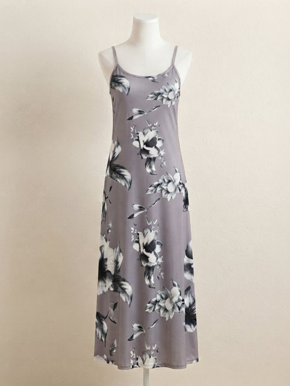 Y2K Grey & White Floral Maxi Slip Dress Size Large 90s Whimsygoth Camisole Dress
